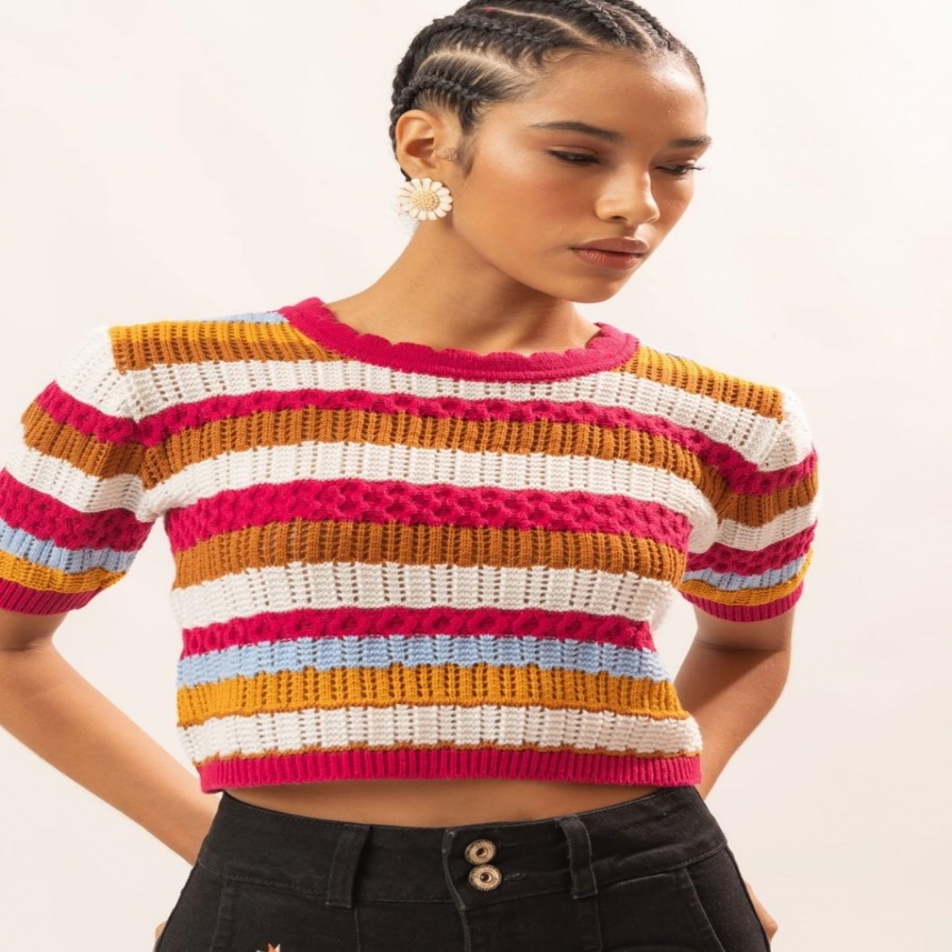 BLUSA MG CURTA LADRILHO FOLK (TRICOT) P REF. 040497186001